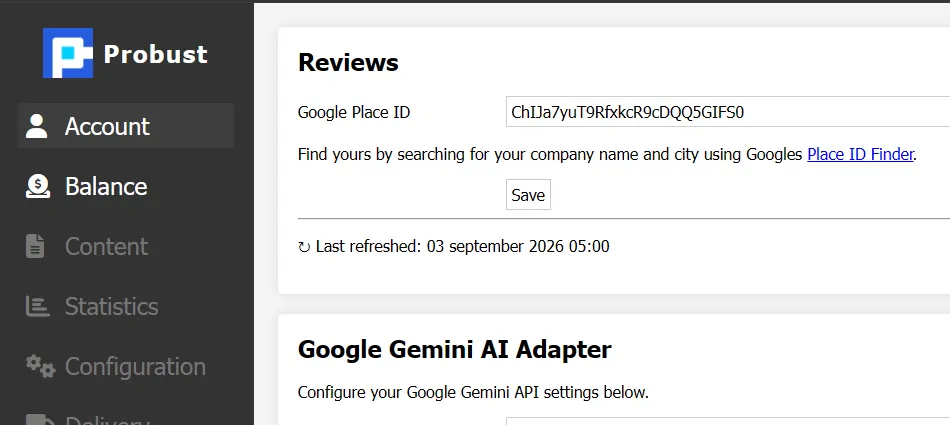 Het SiteAdmin-configuratiescherm waar de eigenaar zijn Google Place ID invult en de laatst bijgewerkte datum van de reviews ziet.