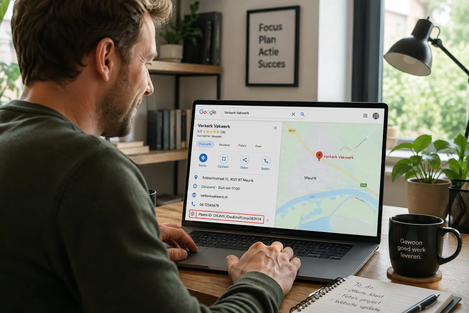 Ondernemer zoekt zijn Google Place ID in de Google Place ID Finder op zijn laptop.